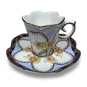 Vintage MO Handarbeit Moriage Slipware Demitasse Cup Saucer Gold Gilt Floral